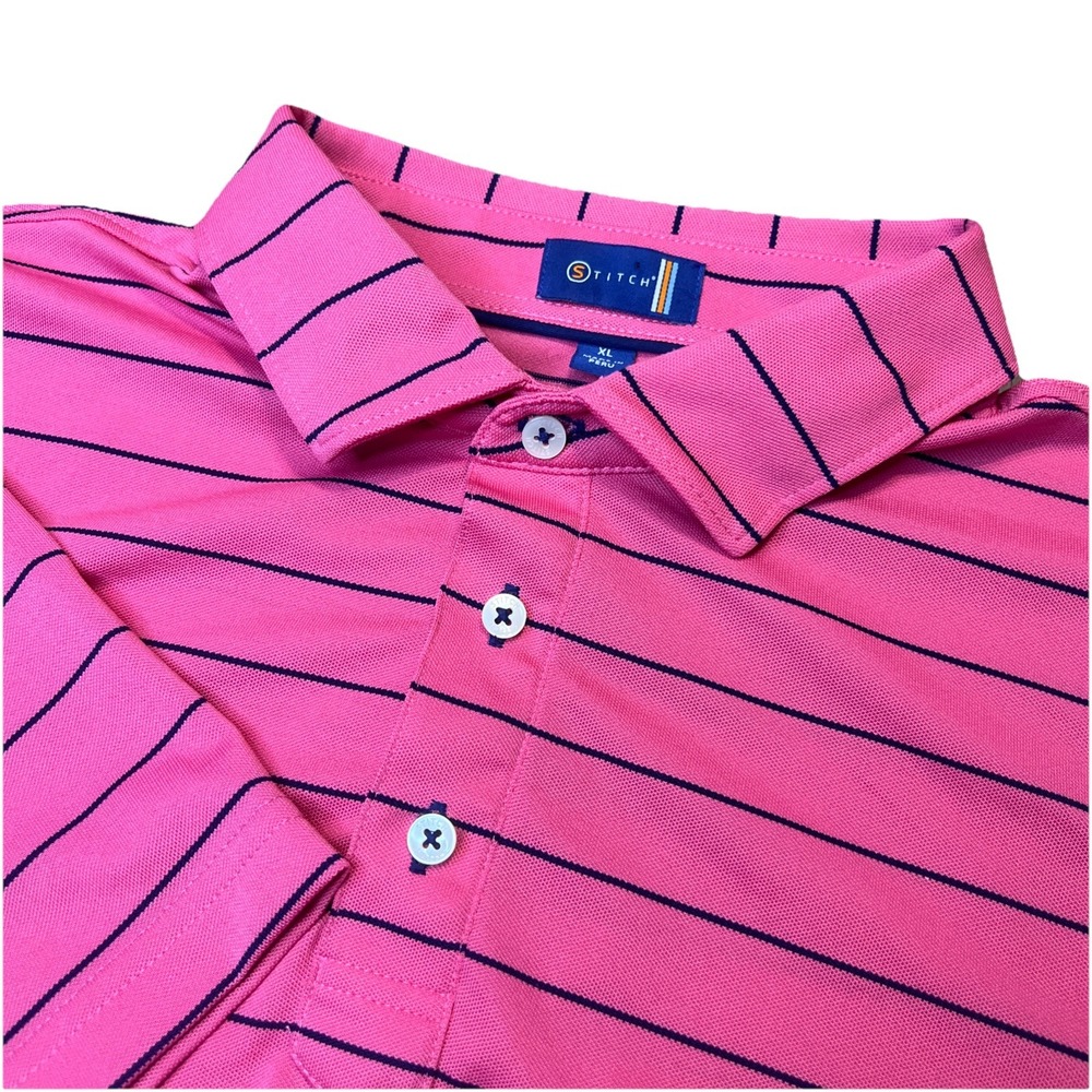 STITCH Men's Performance Pink & Navy Blue Stripes Size XL Polo Golf Athletic